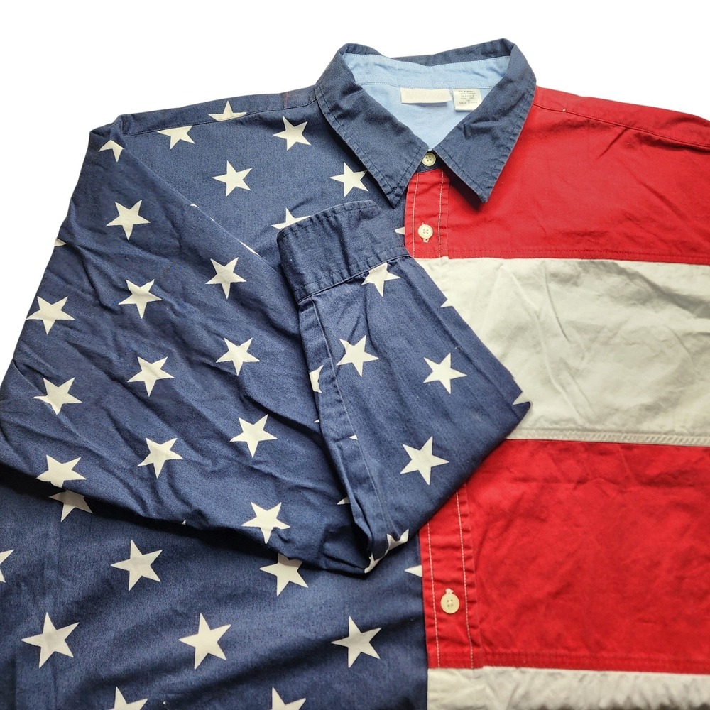 King Size Mens‎ 2XL Tall American Flag Shirt Stars Stripes Patriotic Cotton